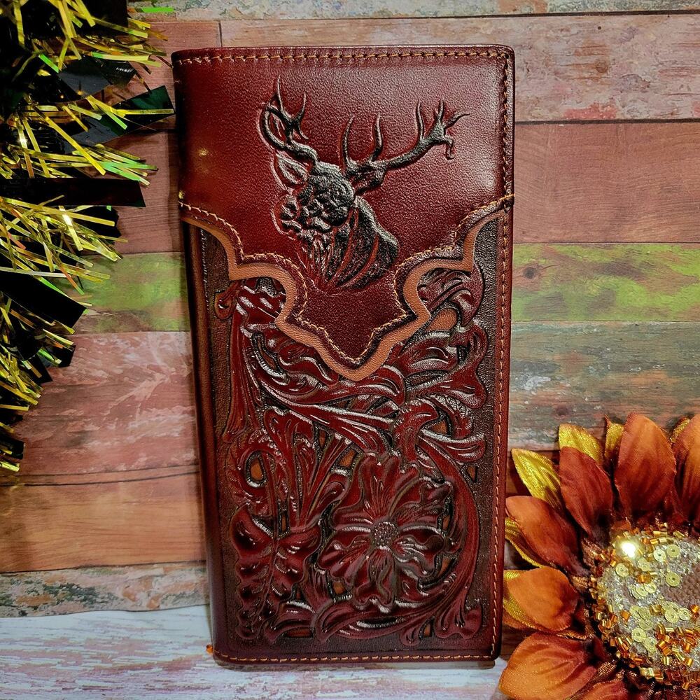 Deer Western Wallet Texas Star Handtooled Real Leather Bifold Long Brown